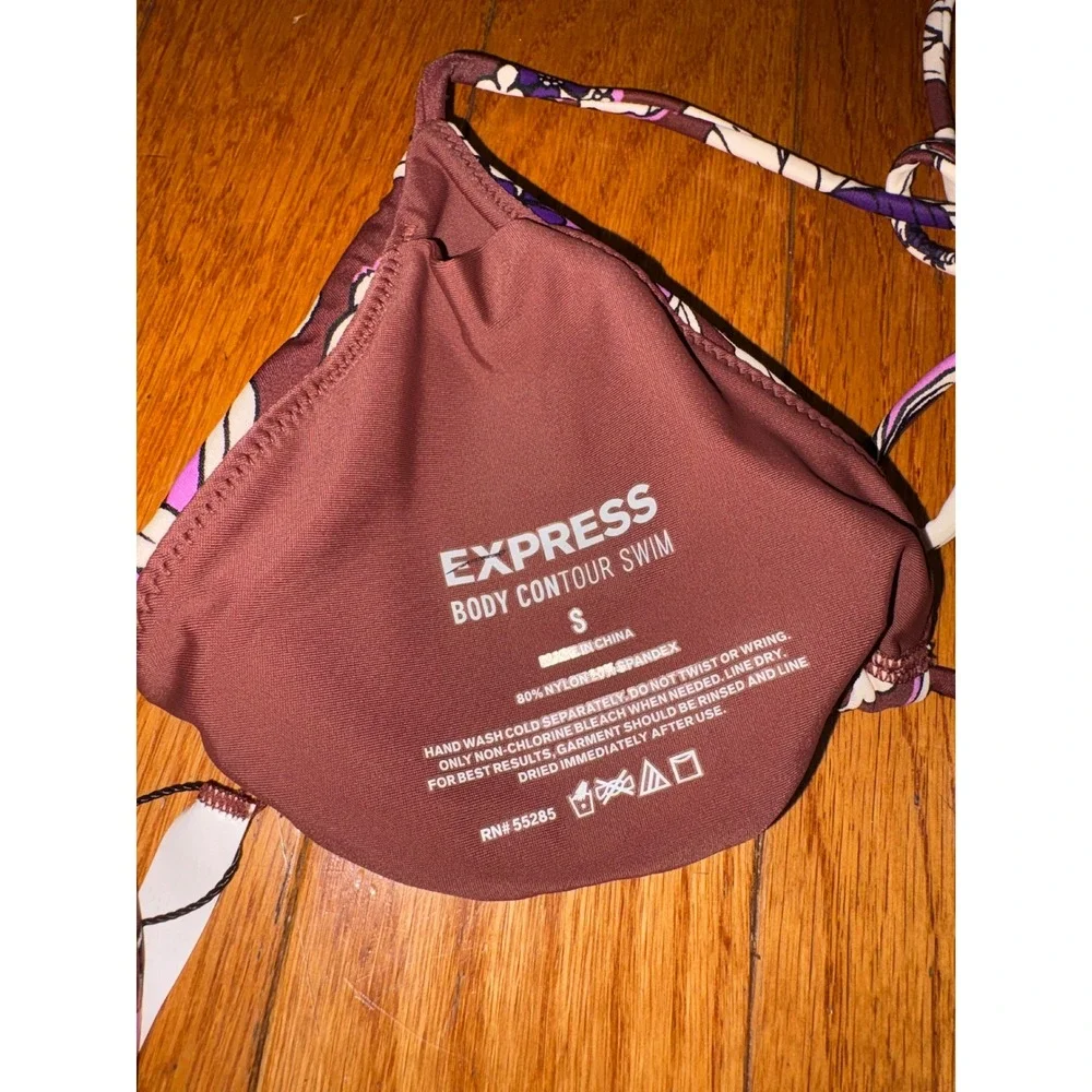 Express Body Contour Swim Floral Triangle Bikini Top Plum Purple White S NEW